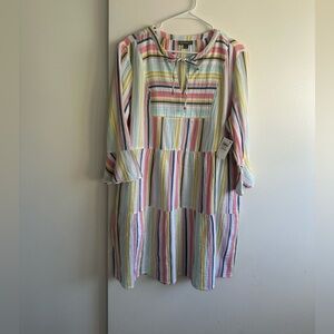 Style & Co. Pastel Stripe Tie-Neck Tiered Mini Dress in Pink, Yellow, Blue